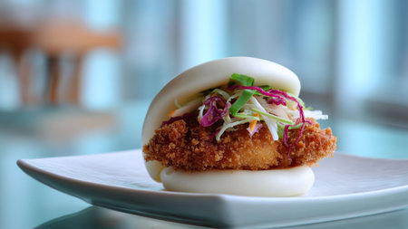 Crispy pork cutlet on a white plate in a restaurantの素材