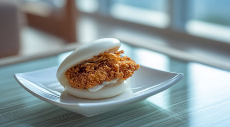 steamed dumpling with deep fried pork in white plate on tableの素材