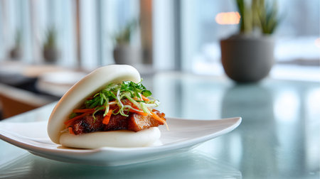 Delicious fish cake on table in restaurant, closeup. Space for textの素材