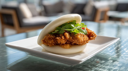 Crispy breaded chicken strip nestled in a soft bao bun, served on a white plate over a modern frosted glass tableの素材
