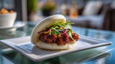 Beef tartar with figs and arugula on white plateの素材