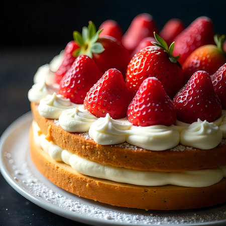 Strawberry cake with whipped cream and fresh strawberries, square imageの素材