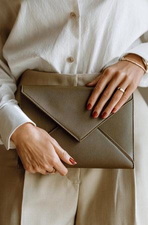 a brown woman with red nails holds an olive green leather clutch bag. the pouch is large and puffy. she wears a white shirt and a beige cardigan sweater.の素材