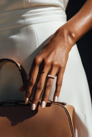 Close-up of woman's hand with white manicure holding brown bag, white dressの素材