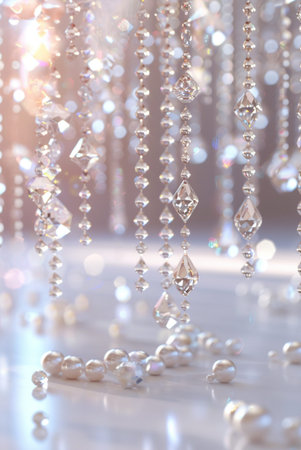 Minimal luxury wedding scene without couple, reflective white floor, soft gradient background. Elegant hanging crystal droplets and diamond chains from above.の素材