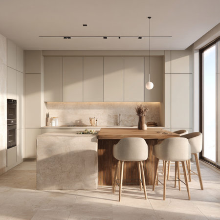 Interior of modern kitchen with white and beige walls, tiled floor, white countertops and wooden cupboards. 3d renderingの素材