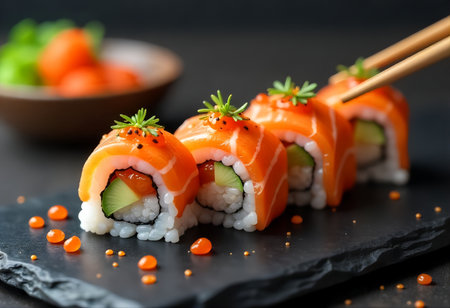 Salmon sushi roll with cucumber, cream cheese and red caviarの素材