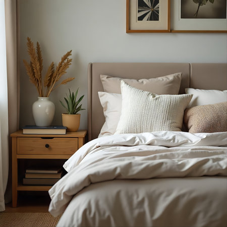 Interior of modern bedroom with bed, pillows and plants in vaseの素材