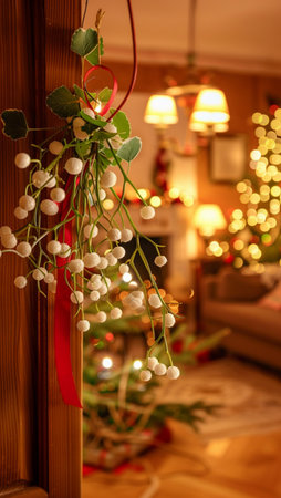 Mistletoe on the background of the Christmas tree in the roomの素材