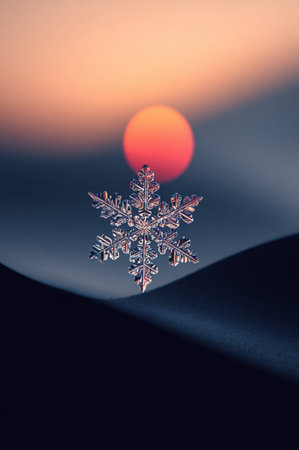 Snowflake on the background of the setting sun. Christmas and New Year concept.の素材