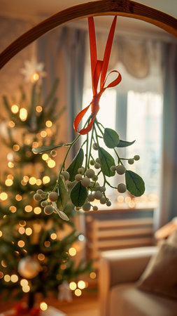 mistletoe with white berries tied with a red ribbon hanging from a wooden doorway, cozy living room in the background, with warm bokeh Christmas lights, Christmas treesの素材