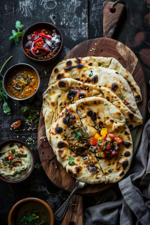 food photography, Indian Mexican fusion naan bread served with assorted Mexican dips, shared platter, rustic handmade ceramics, dark cinematic backgroundの素材