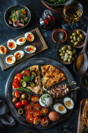 food photography, American Japanese fusion Caesar salad with crispy chicken tempura, contrasting textures, minimalist ceramic bowl, dark moody background.の素材