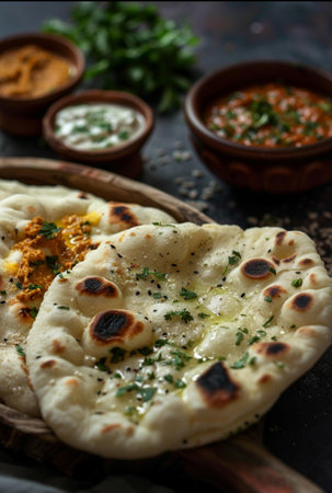 food photography, Indian Mexican fusion naan bread served with assorted Mexican dips, shared platter, rustic handmade ceramics, dark cinematic backgroundの素材