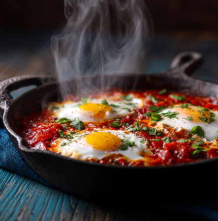 Shakshuka in a frying pan on a blue wooden backgroundの素材