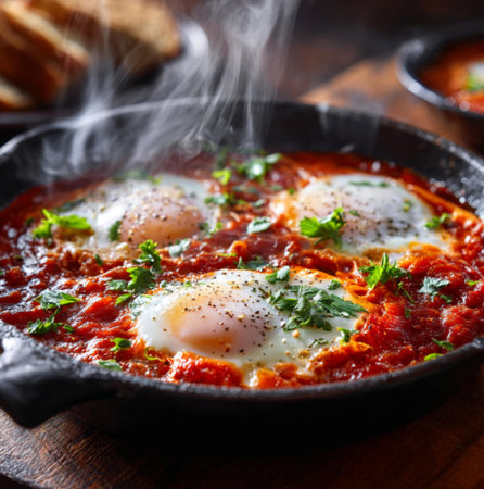 Shakshuka with tomato sauce and parsley in a frying panの素材