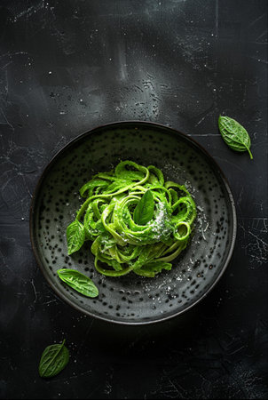Spinach pasta on dark background. Top view, copy spaceの素材