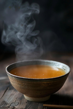 food photography, Japanese Latin fusion chicken miso-style broth with Peruvian corn, clear golden soup, gentle steam, minimalist ceramic bowlの素材