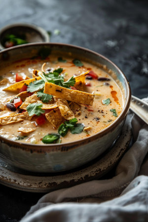 Mexican chili con carne in bowl with tortilla chips on dark backgroundの素材