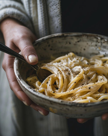 Woman holding a bowl of spaghetti carbonara with black pepper and cheeseの素材
