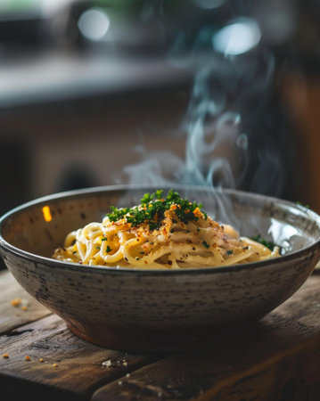 Spaghetti carbonara in a bowl on a wooden table with smokeの素材