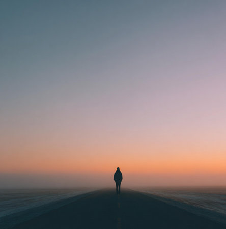 Silhouette of a man standing on the road at sunset.の素材
