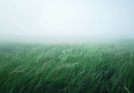 Grass field in the morning with sun and fog. Nature backgroundの素材