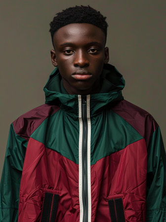 windbreaker jacket streetwear design, bottle green and burgundy color palette, modern color blocking, clean silhouette, lightweight fabric, urban fashion, premium textile, studioの素材
