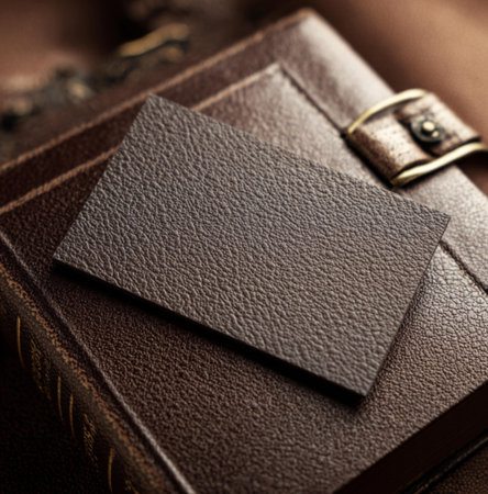 Blank business card on old leather book, shallow depth of fieldの素材