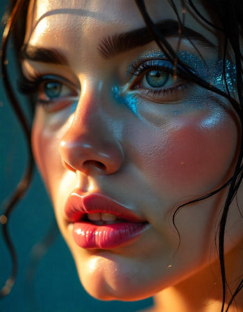 Close-up portrait of a beautiful young woman with bright make-upの素材