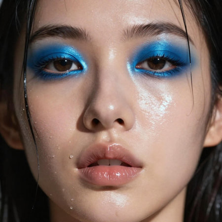 portrait of a womanâs face, wet, with glistening skin that reflects soft studio lighting, glossy, electric-blue metallic eyeshadow extends dramatically across her eyelids.の素材
