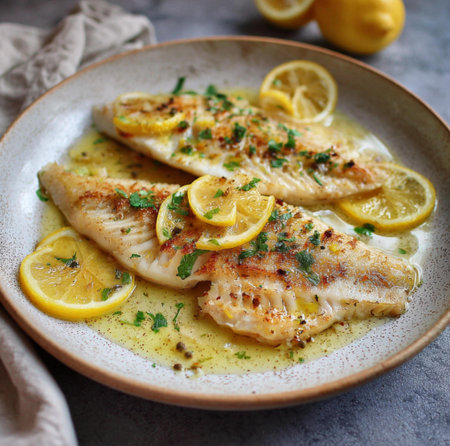 Fish fillet with lemon and parsley on a plate, selective focusの素材