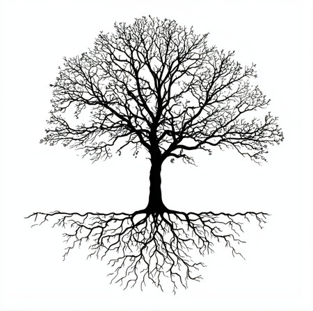 Black silhouette of tree with roots on white background. Vector illustration.の素材