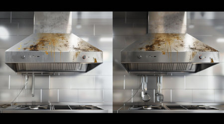 split screen comparison, left side: greasy kitchen range hood with thick oil stains, right side: clean and shiny stainless steel range hoodの素材