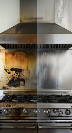 split screen comparison, left side: greasy kitchen range hood with thick oil stains, right side: clean and shiny stainless steel range hoodの素材