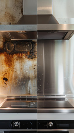 split screen comparison, left side: greasy kitchen range hood with thick oil stains, right side: clean and shiny stainless steel range hoodの素材