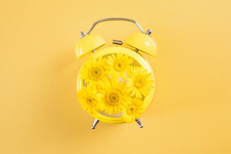 Yellow alarm clock with daisies instead of a dial. Yellow background, minimalism, copy space. Creative concept of morning, awakening.の写真素材