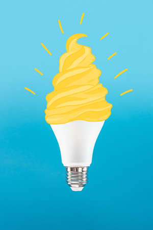 LED light bulb and ice cream - a creative combination of photography and illustration. Blue...