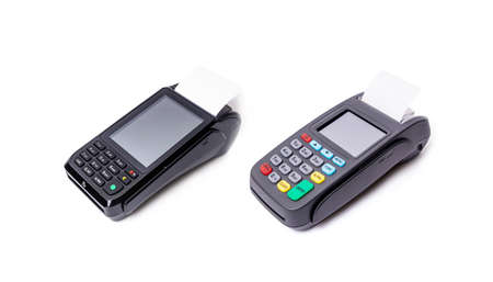 Pos terminal on light background. Banking equipment. Acquiring. Acceptance of bank credit cards. Contactless payment. Long horizontal banner.の写真素材