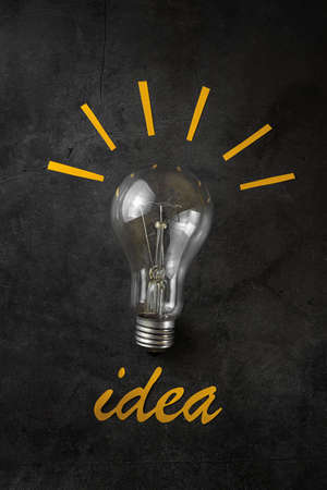 Light bulb on a dark background, around the rays of colored paper and the inscription Idea. Creativity concept.の写真素材