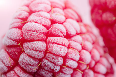 Ripe red raspberries close-up, macro photo. Concept of berries harvest, healthy and tasty food,...