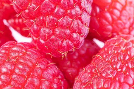 Ripe red raspberries close-up, macro photo. Concept of berries harvest, healthy and tasty food,...