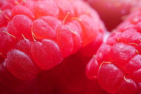 Ripe red raspberries close-up, macro photo. Concept of berries harvest, healthy and tasty food,...