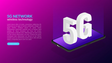 Web banner concept, new fifth generation network technologies, 5G mobile wireless communication. Vector isometric illustration of a smartphone with letters on it. Place for text, button. Copyspace.のイラスト素材