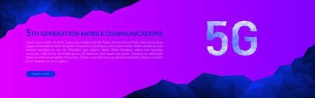 Web banner concept, 5th generation network technologies, 5G mobile wireless communications. Abstract blue geometric shapes in low poly style on a pink background. Place for text, button. Copyspace.のイラスト素材