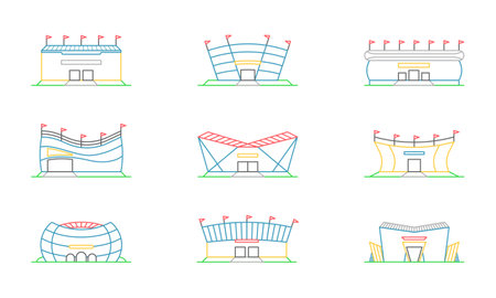 Vector set of linear isolated icons of arenas, stadiums. Minimalistic in a flat style. Design template for sites, applications, design.のイラスト素材