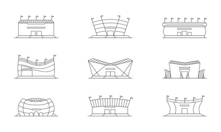 Vector set of linear isolated icons of arenas, stadiums. Minimalistic in a flat style. Design template for sites, applications, design.のイラスト素材