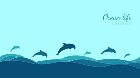 Vector background, in blue colors, on the theme of ocean life. Waves with dolphins jumping out of the water. Place for text. Copyspace.のイラスト素材