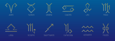 Zodiac signs concept, astrology, horoscope. Vector set of abstract geometric pictograms, linear yellow icons, on a dark blue background.のイラスト素材