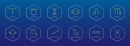 Zodiac signs concept, astrology, horoscope. Vector set of abstract geometric pictograms, linear yellow icons, on a dark blue background.のイラスト素材